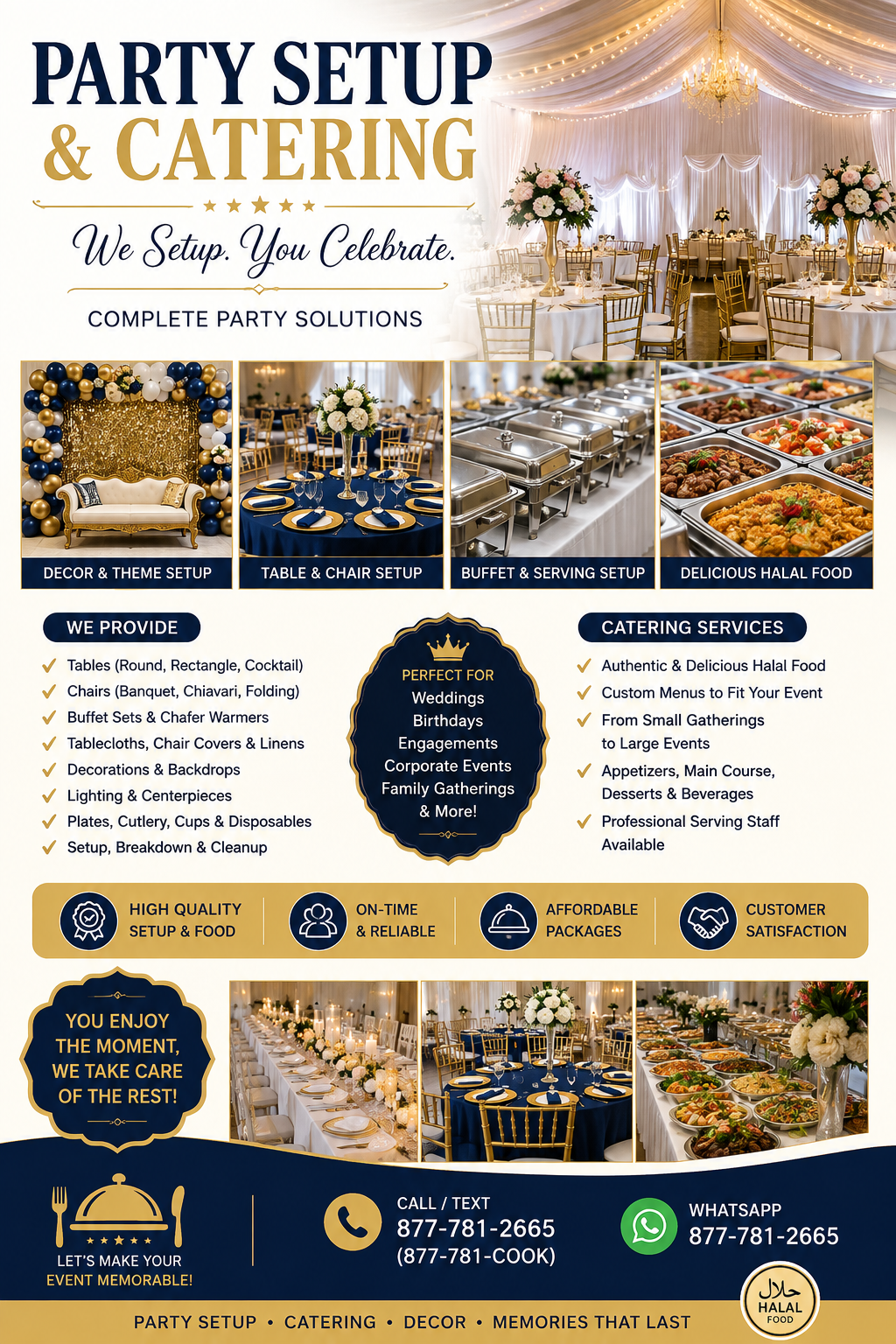 Party Setup and Catering services including decor, tables, chairs, buffet setup and halal catering